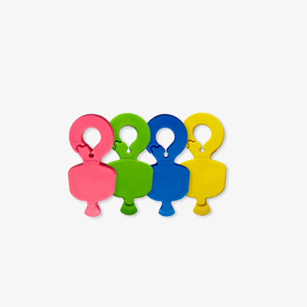 Set of four colorful keyring openers in pink, green, blue, and yellow on white background